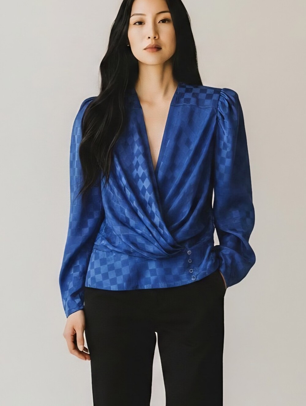 Vintage 80s Pure Argenti Petite Blue Satin  Draped Blouse. Size 4/S